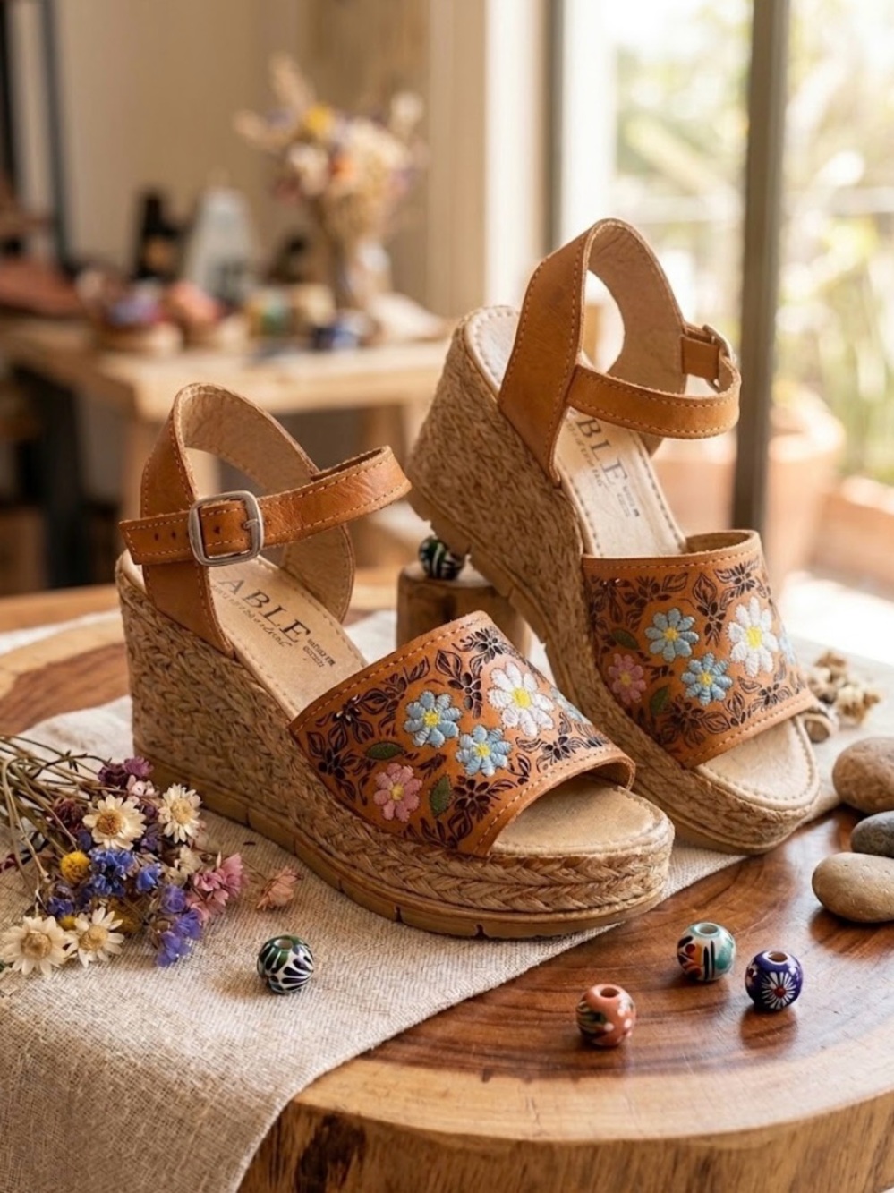 Brown Floral Embroidered Wedge Sandals with Ankle Strap